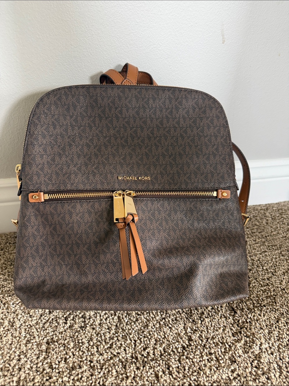 Michael Kors Brown MK Logo Backpack with Tan Accents